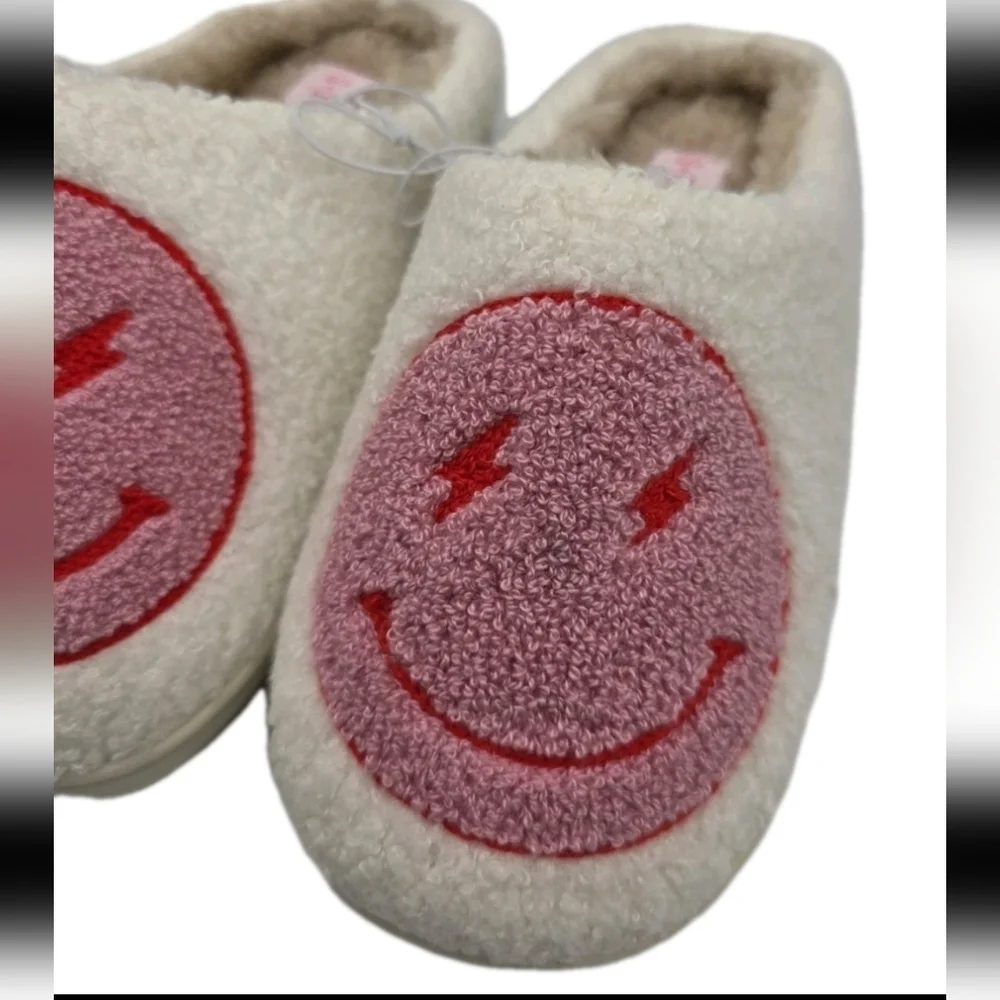 Smiley Face Plush Slippers Retro Soft Size 10 11 12 2 House Shoes Slip On Barbie